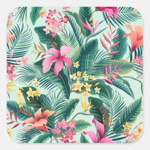 Tropical Hibiscus Floral Seamless Pattern Square Sticker