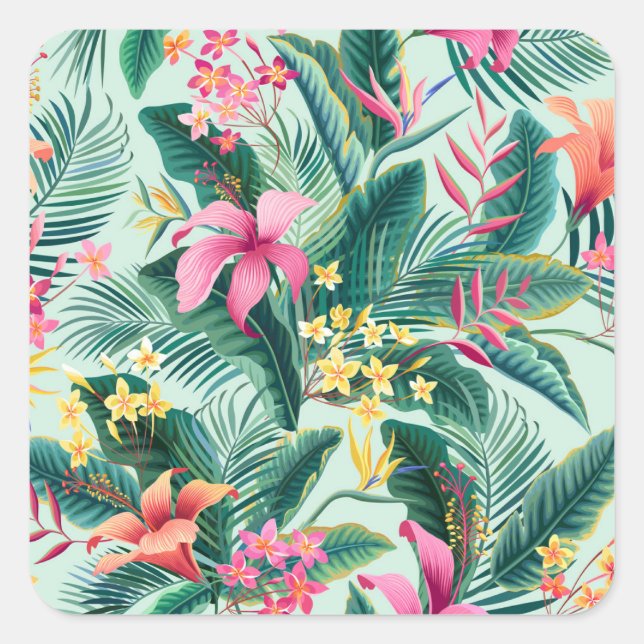 Tropical Hibiscus: Floral Seamless Pattern Square Sticker (Front)