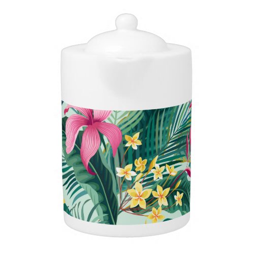 Tropical Hibiscus Floral Seamless Pattern Teapot