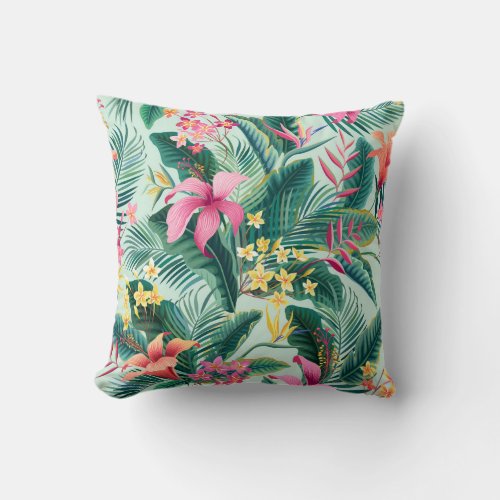 Tropical Hibiscus Floral Seamless Pattern Throw Pillow