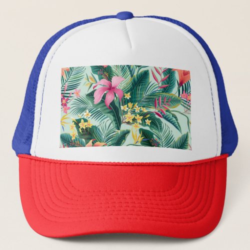 Tropical Hibiscus Floral Seamless Pattern Trucker Hat