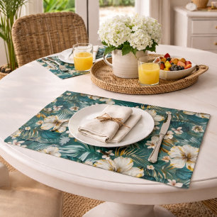 Tropical Hibiscus Floral Teal Cloth Placemat
