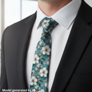 Tropical Hibiscus Floral Teal Neck Tie