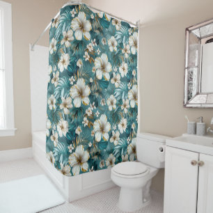 Tropical Hibiscus Floral Teal Shower Curtain