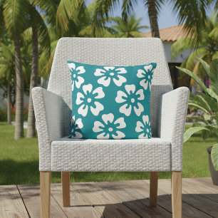 Tropical Hibiscus Floral Turquoise Throw Pillow
