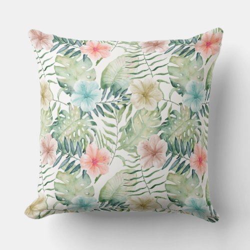 Tropical Hibiscus Floral Watercolor Throw Pillow