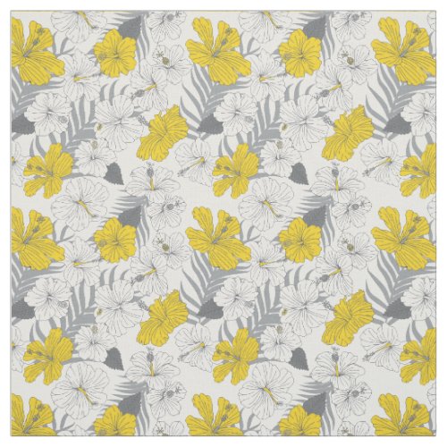 Tropical Hibiscus Floral Yellow and Gray Patterned Fabric