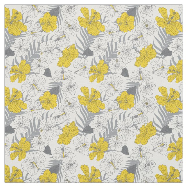 Tropical Hibiscus Floral Yellow and Gray Patterned Fabric (Swatch)