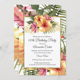 Tropical Hibiscus Floral Yellow Pink Gold Birthday Invitation