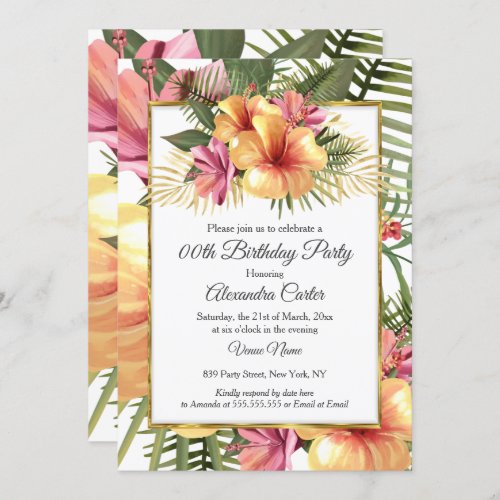 Tropical Hibiscus Floral Yellow Pink Gold Birthday Invitation