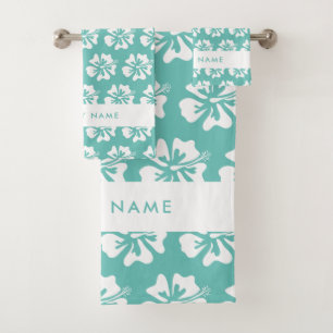 Tropical Hibiscus flower Hawaii floral print teal Bath Towel Set