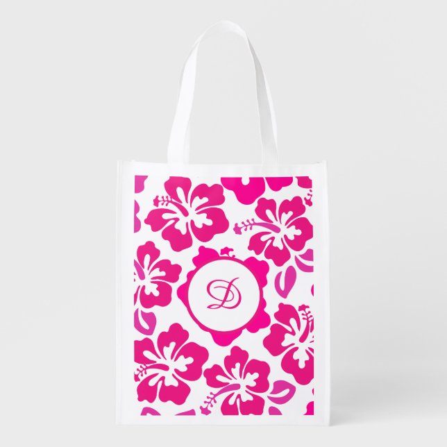 tropical hibiscus flower hawaii pink floral grocery bag (Front)