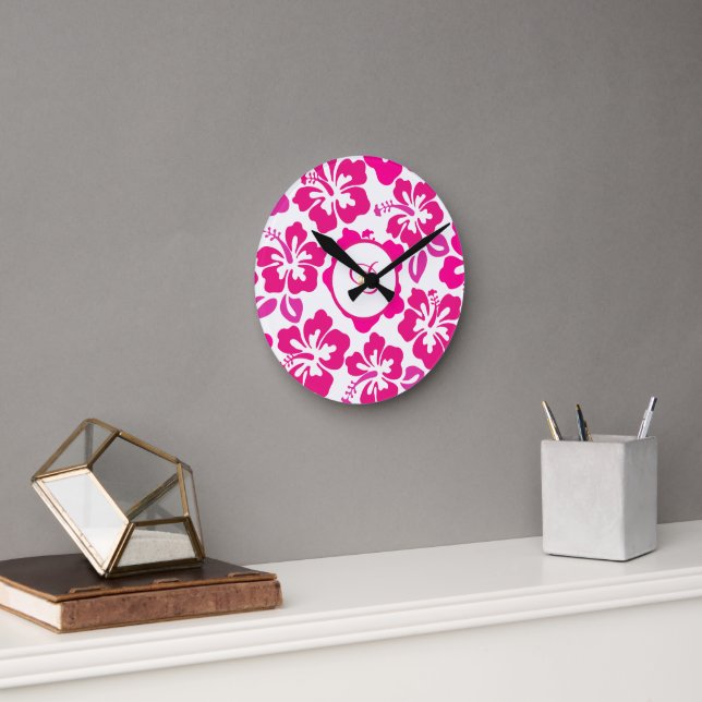 tropical hibiscus flower hawaii pink floral round clock (Office)