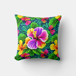Tropical Hibiscus Flower Jungle Leaf Throw Pillow