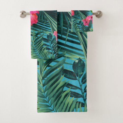 Tropical Hibiscus Flower Jungle Pattern 1a art Bath Towel Set