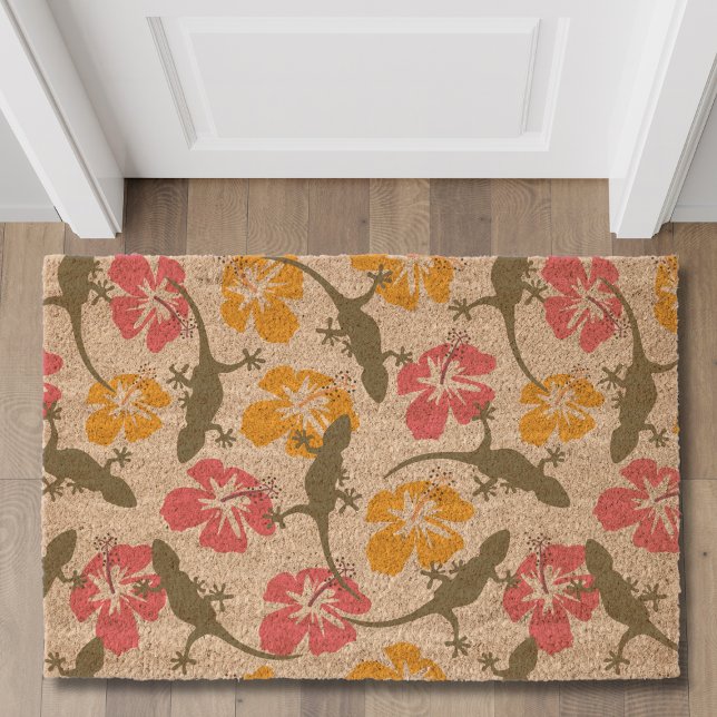 Tropical Hibiscus Flower Lizard Floral Pattern Fiber Doormat (Creator Uploaded)