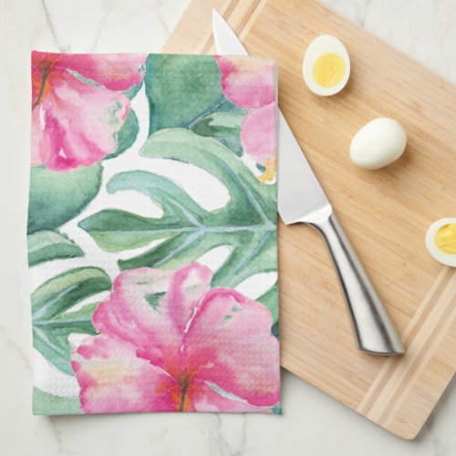 Tropical Hibiscus Flower Monstera Pattern Kitchen Towel