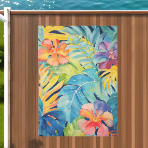Tropical Hibiscus Flower Palm Leaf Beach Outdoor Rug