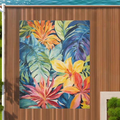 Tropical Hibiscus Flower Palm Leaf Beach Outdoor Rug