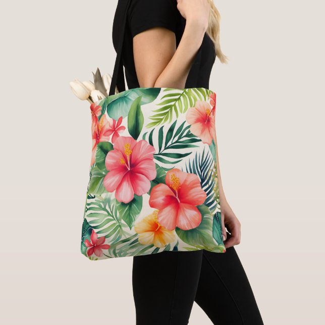 Tropical hibiscus Flower Pattern Tote Bag (Close Up)