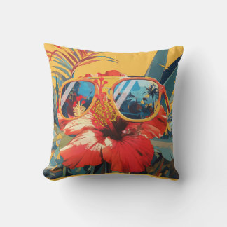 Tropical Hibiscus Flower Retro Sunglasses Art Throw Pillow