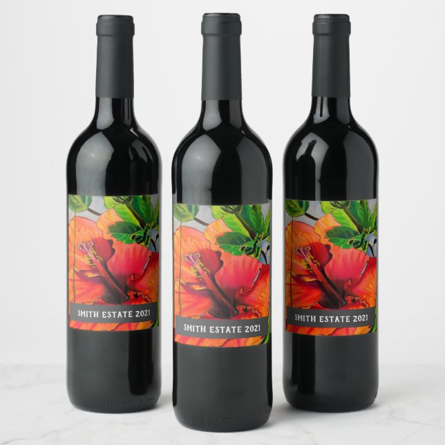 Tropical hibiscus flower watercolor art wine label (Bottles)