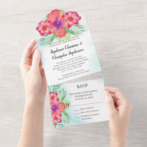 Tropical Hibiscus Flower Watercolor Beach Wedding All In One Invitation