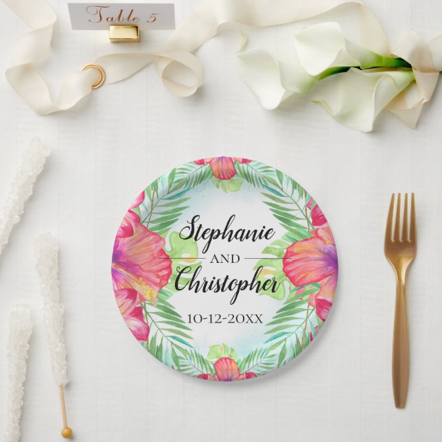 Tropical Hibiscus Flower Watercolor Beach Wedding Paper Plates (Wedding)