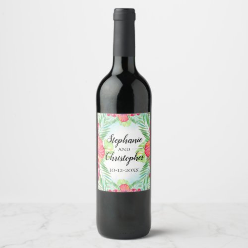 Tropical Hibiscus Flower Watercolor Beach Wedding  Wine Label