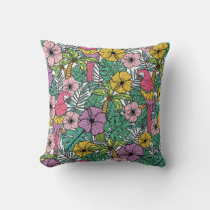 Tropical hibiscus flower with palm, parrots and ex throw pillow