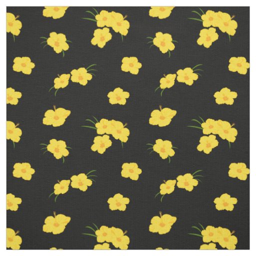 Tropical Hibiscus Flower Yellow Black Patterned Fabric
