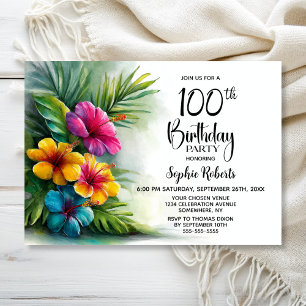 Tropical Hibiscus Flowers 100th Birthday Party Invitation