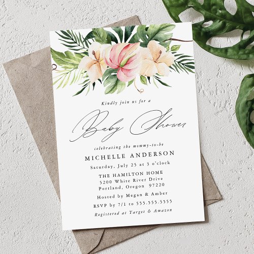 Tropical Hibiscus Flowers and Leaves Baby Shower Invitation