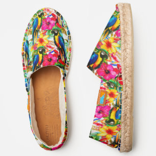 Tropical Hibiscus Flowers and Parrots Watercolor Espadrilles