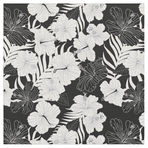 Tropical Hibiscus Flowers Black and White Pattern Fabric
