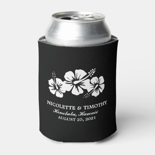 Tropical Hibiscus Flowers  Black  White Wedding Can Cooler