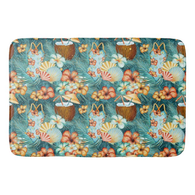TROPICAL HIBISCUS FLOWERS & COCONUT DRINKS BATH MAT (Front)
