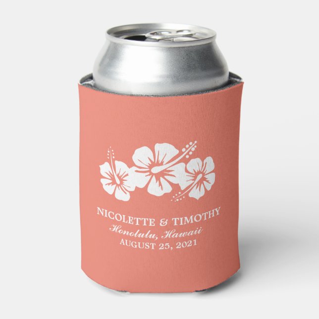 Tropical Hibiscus Flowers | Coral Wedding Can Cooler (Can Front)