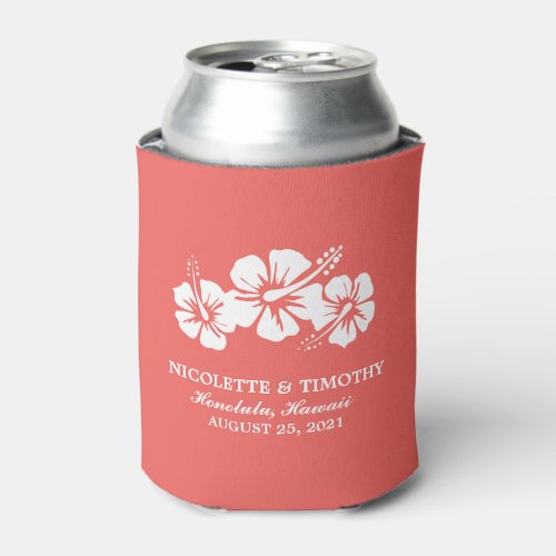 Tropical Hibiscus Flowers  Dark Coral Wedding Can Cooler