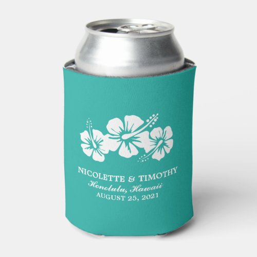 Tropical Hibiscus Flowers  Dark Teal Wedding Can Cooler