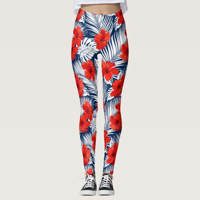 Tropical Hibiscus Flowers Ferns Red White Blue Leggings (Front)