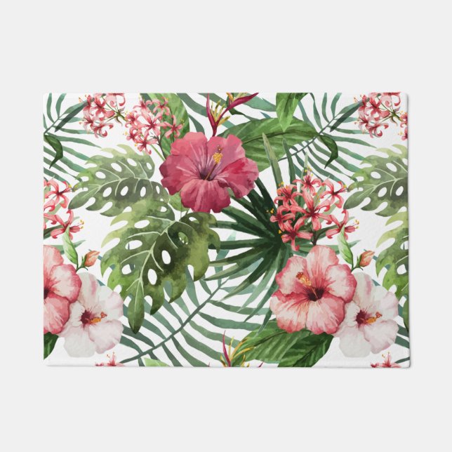 Tropical hibiscus flowers foliage pattern doormat (Front)