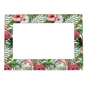 Tropical hibiscus flowers foliage pattern magnetic frame