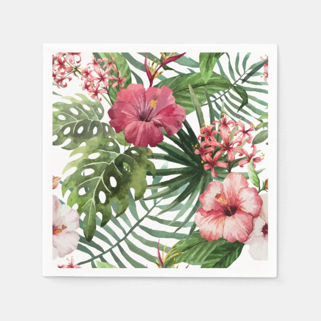Tropical hibiscus flowers foliage pattern napkins (Front)