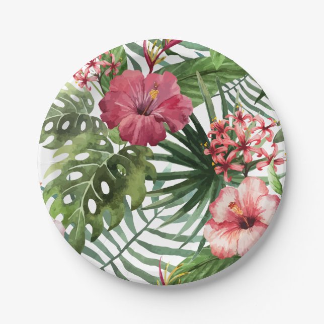 Tropical hibiscus flowers foliage pattern paper plates (Front)