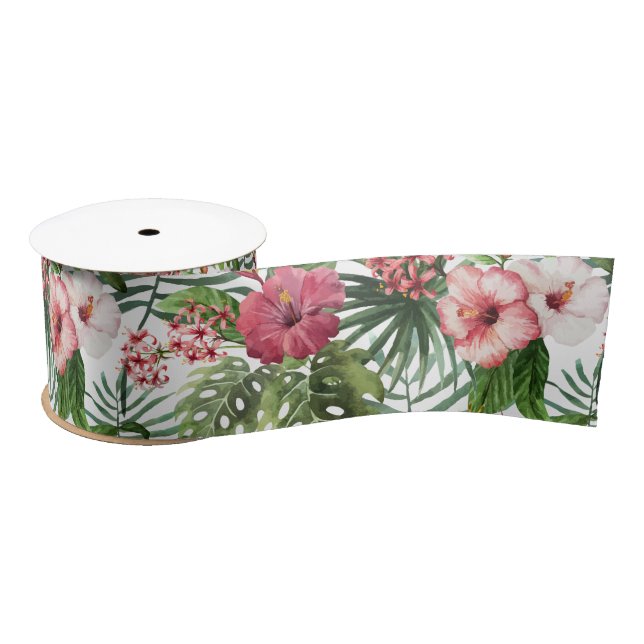 Tropical hibiscus flowers foliage pattern satin ribbon (Spool)