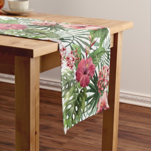 Tropical hibiscus flowers foliage pattern short table runner