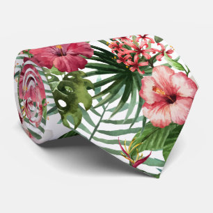 Tropical hibiscus flowers foliage pattern tie