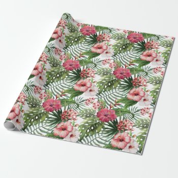 Tropical Hibiscus Flowers Foliage Pattern Wrapping Paper by AllAboutPattern at Zazzle