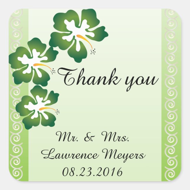 Tropical Hibiscus Flowers | Green Square Sticker (Front)